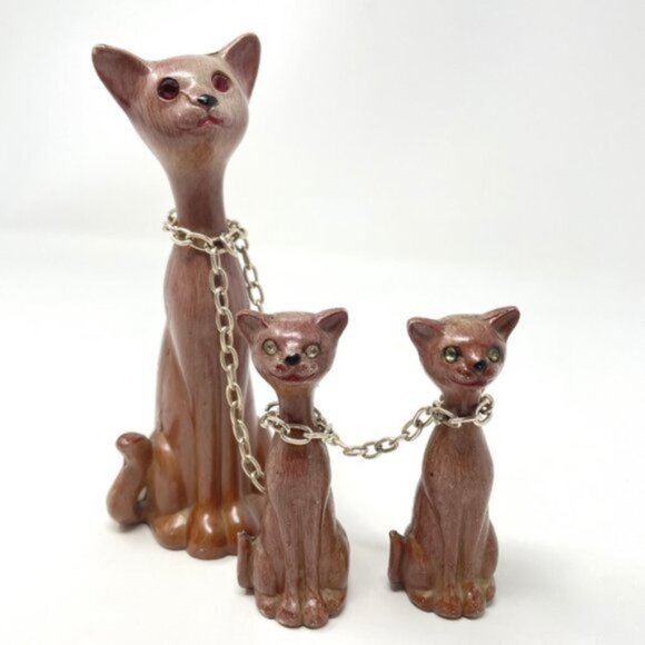 Vintage MCM Cat Family Figurines – Mother & 2 Kittens with Rhinestone Eyes - Picture 2 of 7